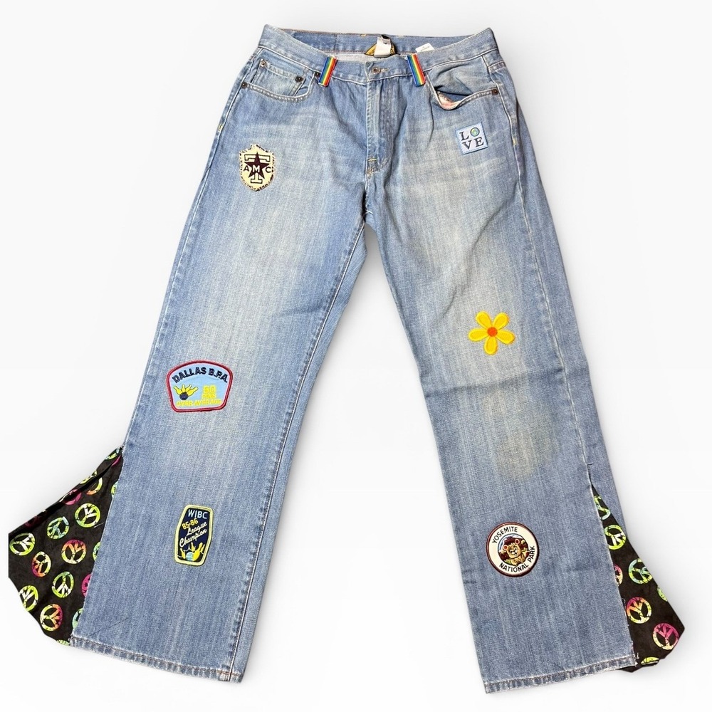 Lucky Brand Duke Straight Leg Patchwork Peace‎ Sign Denim Jeans 32x29.5 Pride